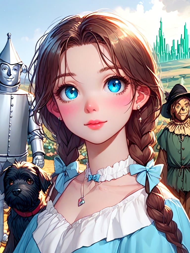 source_anime, oz, dorothy gale, brown hair, blue dress, miniskirt, silver shoes, cowardly lion, black toto, the scarecrow, tin man, looking at viewer, medium shot, upper body, close-up, emerald city in distance, <lora:girllikewizardofoz_pony:1>