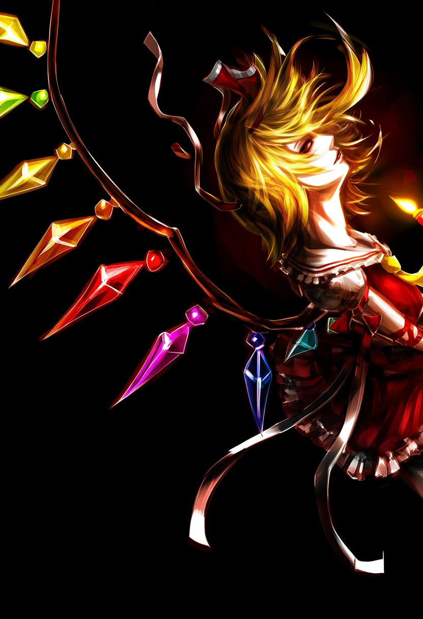 @violence kumahina. Close-up portrait of Flandre Scarlet,  pale skin almost luminous,  wild messy blonde hair catching gol...