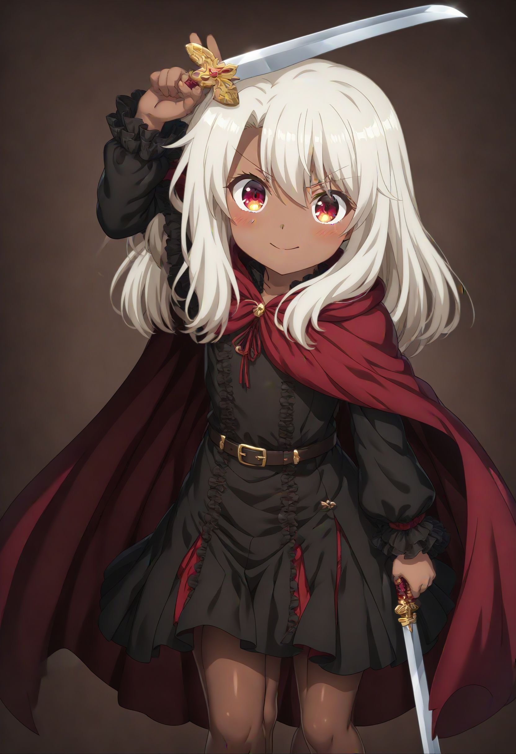 1girl, chloe von einzbern, fate \(series\),  black dress, blush, dress, long hair, pink hair, white background, red cape, dark-skinned female, holding, two-tone background, sword, holding weapon, red eyes, cape, long sleeves, dark skin, black cape, weapon, smile, two-sided fabric, closed mouth, solo, holding sword, brown background, hair between eyes, looking at viewer, hand up, brown pantyhose, one side up, aged down, pantyhose, two-sided cape, v-shaped eyebrows, standing, arm up, >:\), v, feet out of frame, pleated dress, child, masterpiece, best quality, absurdres, safe