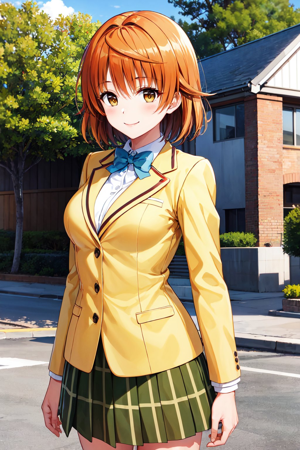 masterpiece, best quality, highres, aariko, short hair, brown eyes, school uniform, blue bowtie, blazer, yellow jacket, long sleeves, plaid skirt, green skirt, <lora:yuusaki_riko_v1:0.6>, standing, cowboy shot, smile, outdoors