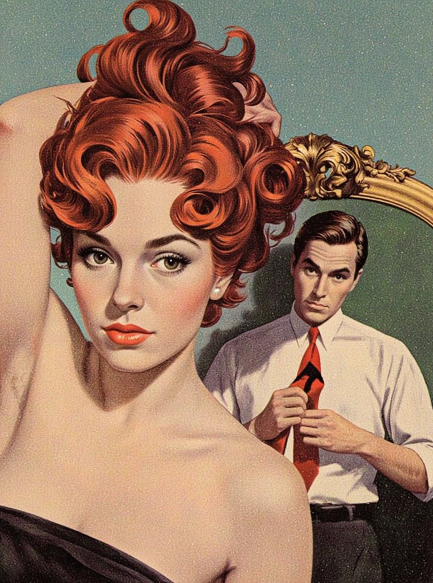 RobGin style. A vintage advertisement from the 1950s featuring a woman with curly red hair and a man adjusting her tie. th...