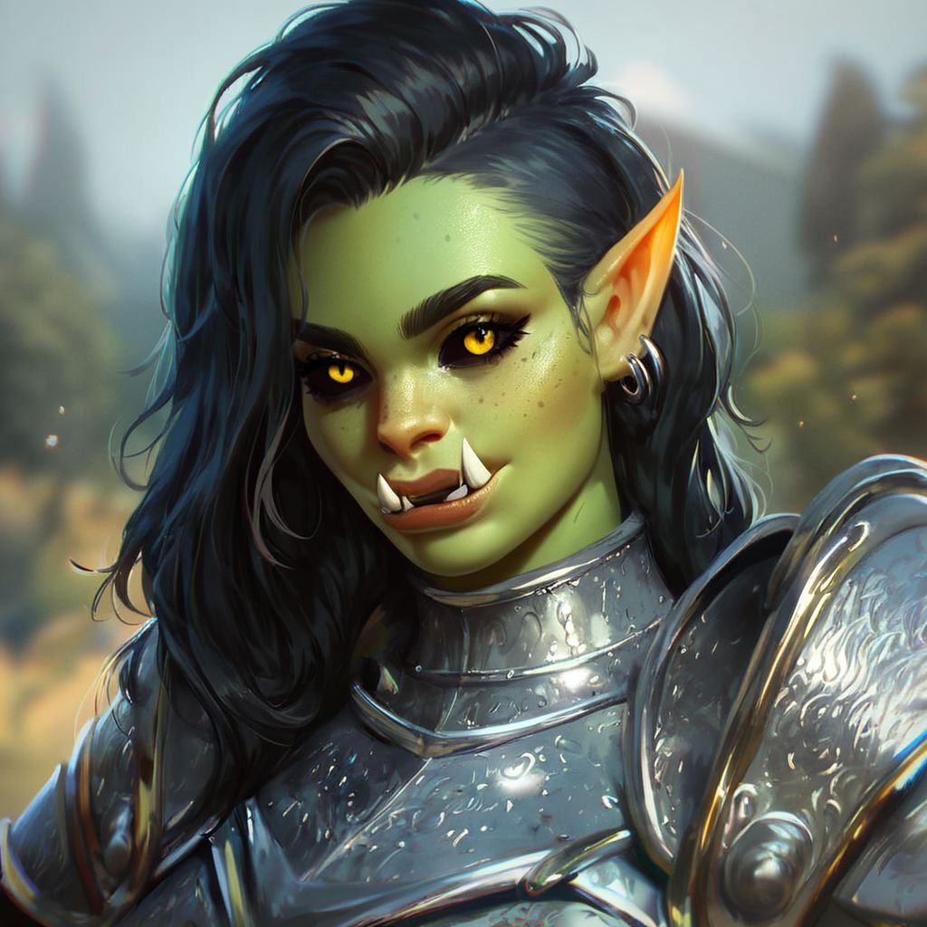 (((beautiful, high quality))), upper Body, score_9, score_8_up, score_7_up, Orc, fangs, pointed ears, black sclera, 1girl, green skin, yellow eyes, black hair, armor,looking at the viewer, posing, blurred background,