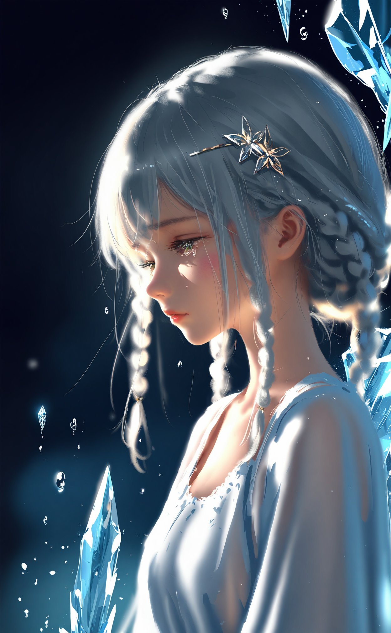 (masterpiece),(best quality),illustration,ultra detailed,hdr,Depth of field,(colorful),loli,wlop,1 girl,loli,White Dress,White short hair,braids,lily flower hair clip,upper body,cry,water,black background,Ice crystal,dappled sunlight,Suspended colorless crystal,beautiful detailed glow,(detailed ice),beautiful detailed water,