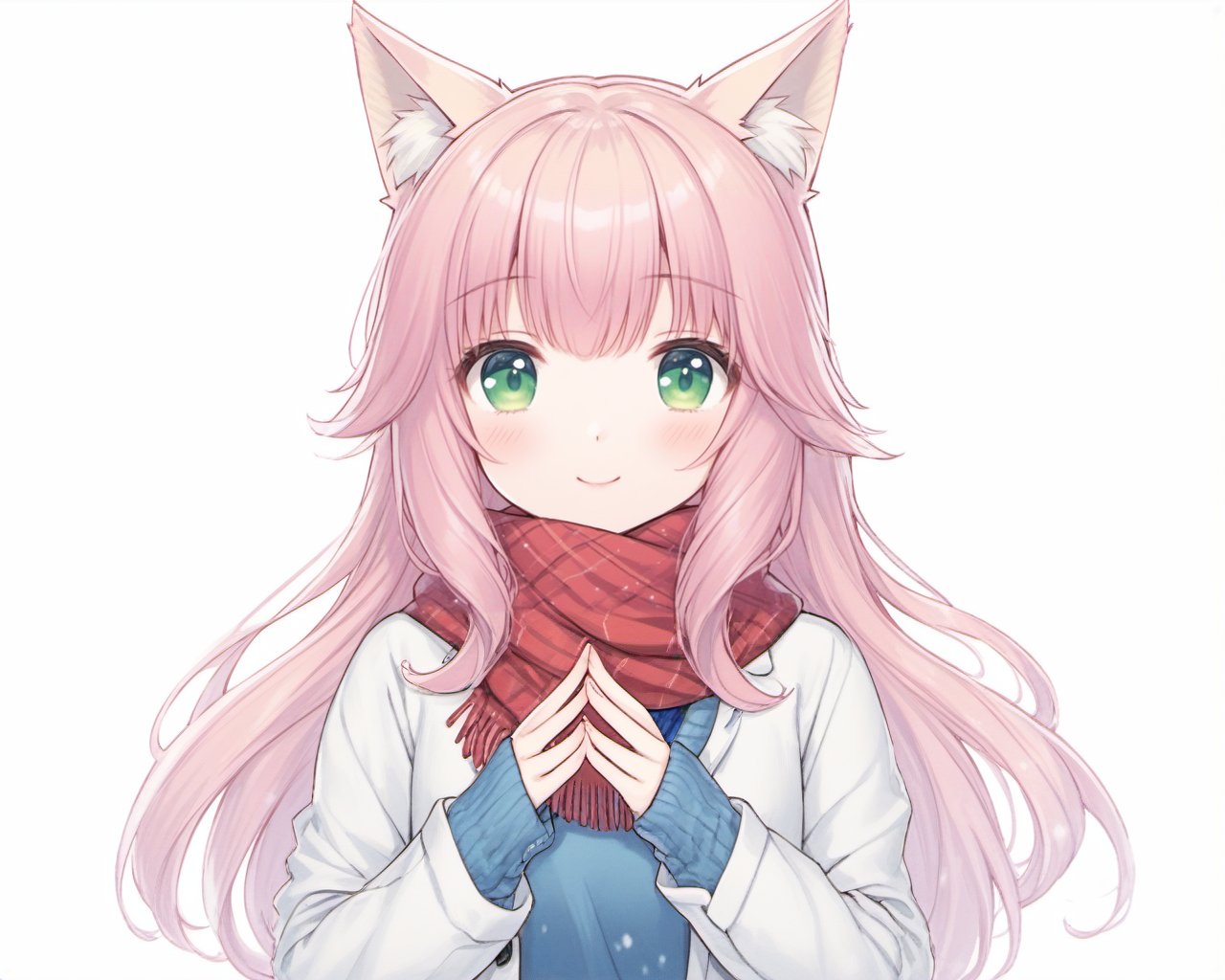 <lora:SDXL-Nekopara-Base-Lora-000002:0.75>,nekopara, Fraise_\(nekopara\), Nekopara_Fraise, 1girl, snowing,animal_ears, solo, pink_hair, long_hair, green_eyes, scarf, signature, red_scarf, cat_ears, upper_body, smile, blue_shirt, bangs, animal_ear_fluff, looking_at_viewer, own_hands_together, long_sleeves, steepled_fingers, traditional_media, cat_girl, simple_background, blush, sweater, coat, closed_mouth, blunt_bangs, jacket, sleeves_past_wrists, white_background, open_clothes, hands_up, shirt, ribbon, white_jacket,goodhand