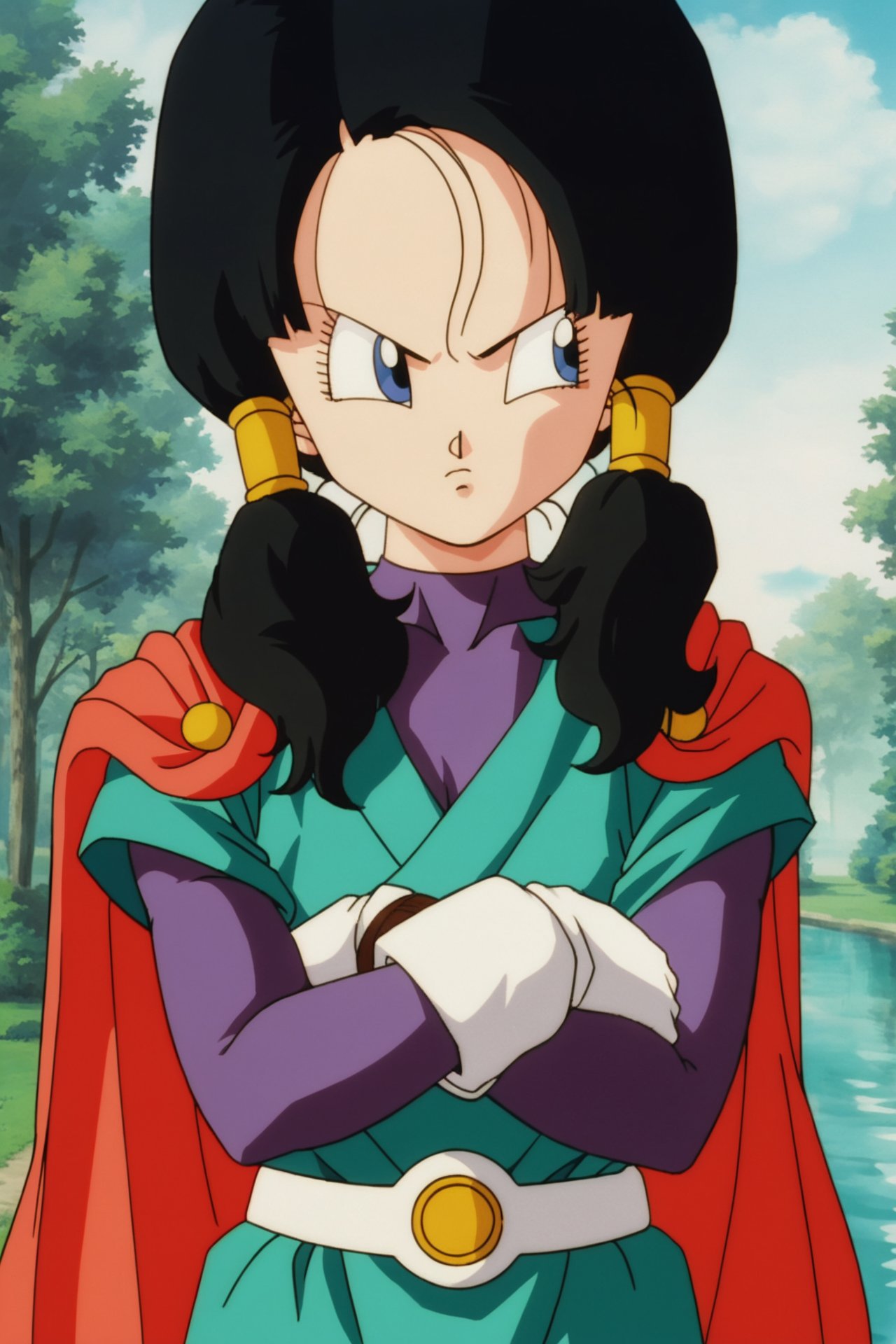 source_anime, score_9, score_8_up, score_7_up, anime screencap,videldbz, great saiyaman 2, 1girl, solo, blue eyes, black hair, white gloves, female focus, outdoors, water, red cape, tree, crossed arms, park, nature, forest, serious, retro artstyle, 1990s \(style\), v-shaped eyebrows, white belt, small breasts, twintails, purple bodysuit, looking to the side, lapels, green tunic, eyebrows, eyelashes, collarbone, watch<lora:Videl_pony_v1:0.8>