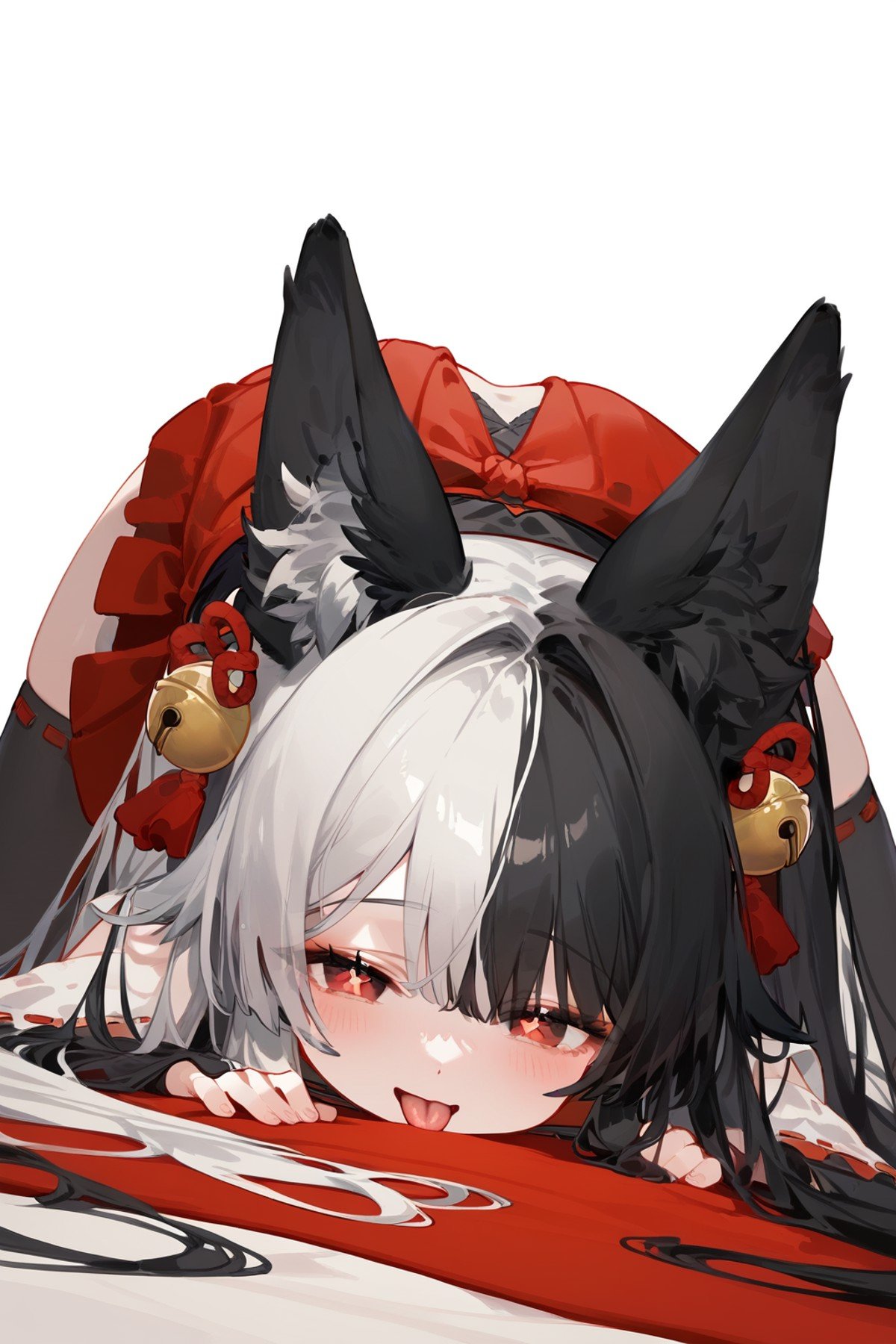 (score_9,score_8_up,score_7_up,),mana,<lora:mana-000025:0.9>,animal ears,red eyes,long hair,black hair,white hair,two-tone hair,thighhighs,red skirt,kimono,hair ornament,symbol-shaped pupils,all fours,top-down bottom-up,face_focus,tongue out,naughty_face,from_below,