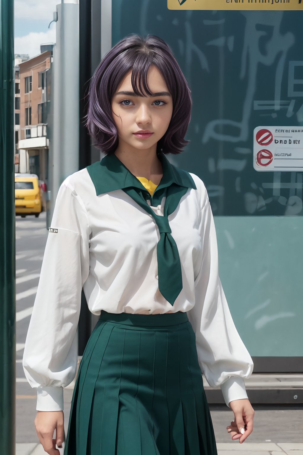 (photorealistic, realistic:1.2), (textured skin:1.3), realistic skin, HDR,a beautiful 20-year-old girl at a bus stop, <lora:hiiragi_utena:0.9>, utena_wz, short hair, purple hair, ahoge, brown eyes,hair between eyes, school uniform, skirt, serafuku, ahoge, green skirt, pleated skirt, long skirt, sailor collar, yellow neckerchief, long sleeves, bangs, white shirt, cowboy shot, 