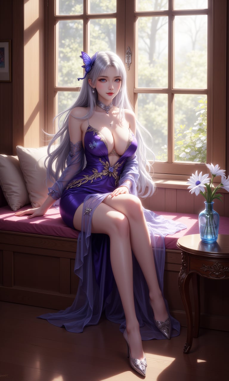 jqzx, . this is a highly detailed digital illustration featuring a young woman with a fair complexion and long, flowing silver hair adorned with a delicate blue butterfly accessory. she has large, expressive blue eyes and a slender, curvaceous physique with prominent breasts. her attire is a form-fitting, off-the-shoulder, deep purple gown with intricate golden embroidery and sheer, translucent sleeves. the gown is elegantly designed with a high neckline and a plunging v-shaped cut that accentuates her cleavage. she wears silver high-heeled shoes that add a touch of sophistication to her ensemble.the setting is a cozy, wooden-framed window seat, bathed in soft, natural light streaming through the large, multi-pane window behind her. the window has a traditional, arched design with wooden frames, allowing ample sunlight to illuminate the room. to her right, a small wooden table holds a delicate, blue glass vase with a single white flower, adding a touch or elegance and simplicity to the scene. the floor is **** of polished wooden planks, contributing to the warm, inviting ambiance of the room.the overall style of the illustration is highly realistic, with meticulous attention to detail in both the subject's appearance and the surrounding environment.