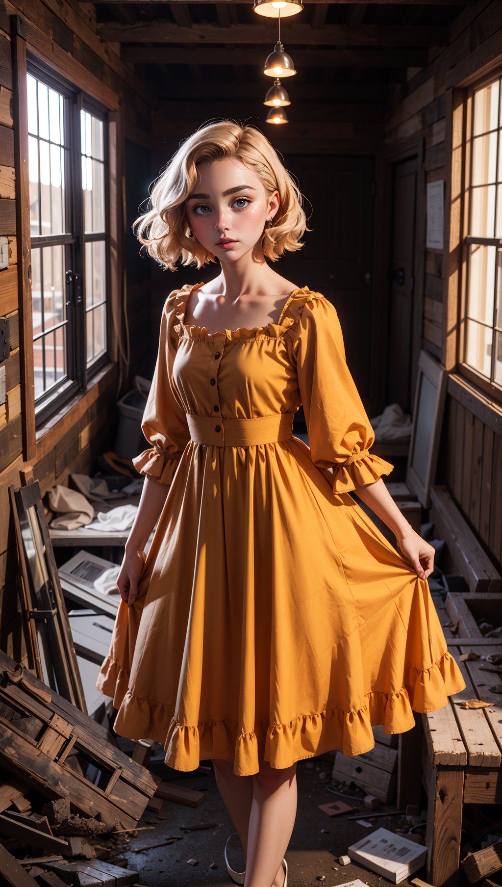 FlorencePugh,Parisienne dress,feminine pose,well-lit wooden structure,abandoned Wild West ghost town,late afternoon,colorful red orange yellow light,very emotional camera angle,medium format camera,in the style of (Life Magazine),