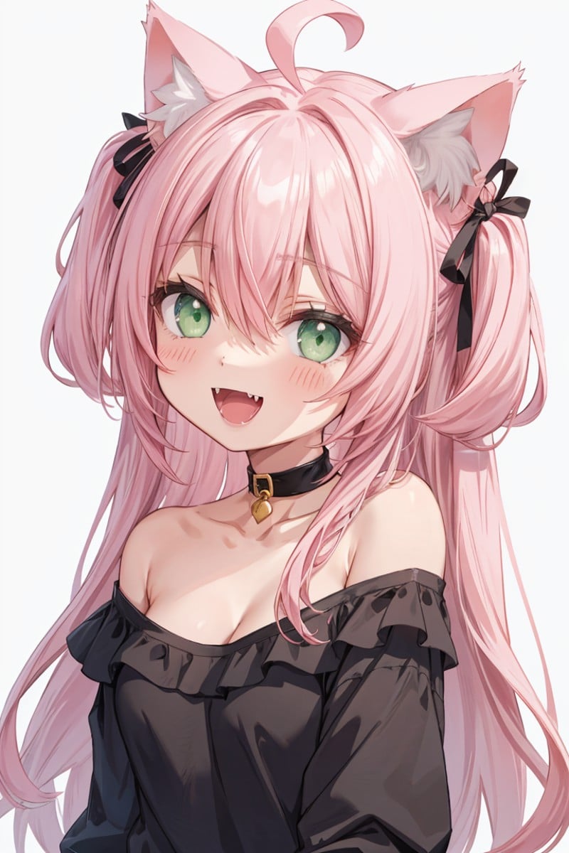 1girl, animal ears, solo, fangs, long hair, cat ears, off shoulder, breasts, pink hair, white background, green eyes, simple background, black shirt, shirt, ahoge, animal ear fluff, open mouth, looking at viewer, smile, upper body, small breasts, blush, two side up, bare shoulders, :d, collarbone, cat girl, cleavage, bangs, hair between eyes,<lora:detail:0.4>