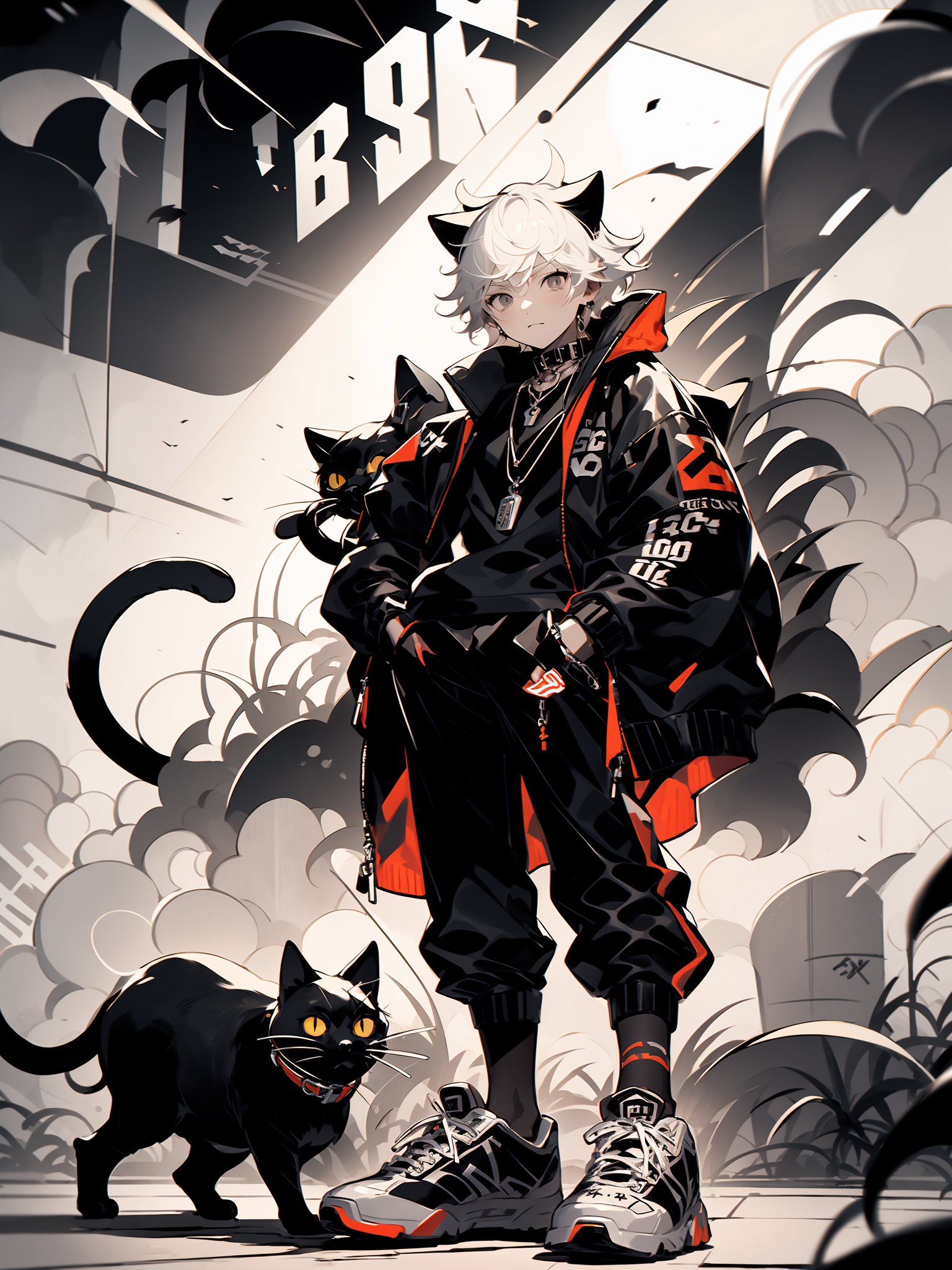 HTTP,1boy, cat, animal ears, white hair, male focus, standing, jacket, black cat, pants, jewelry, looking at viewer, necklace, short hair, animal, solo, black eyes, collar, sneakers, black pants, black shirt, long sleeves<lora:HTTP_20231206170112-000012:1>