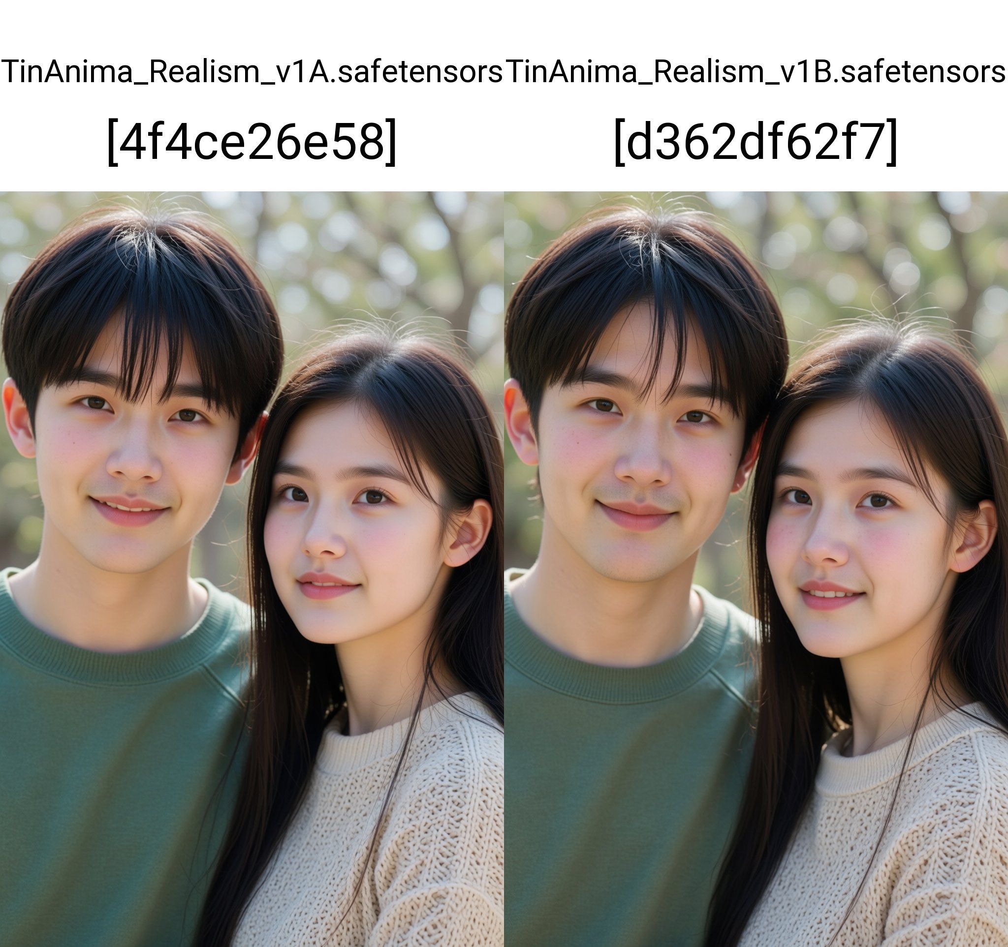 This photograph features a close-up of an Asian couple standing outdoors in bright sunlight. The young man,  on the left,...