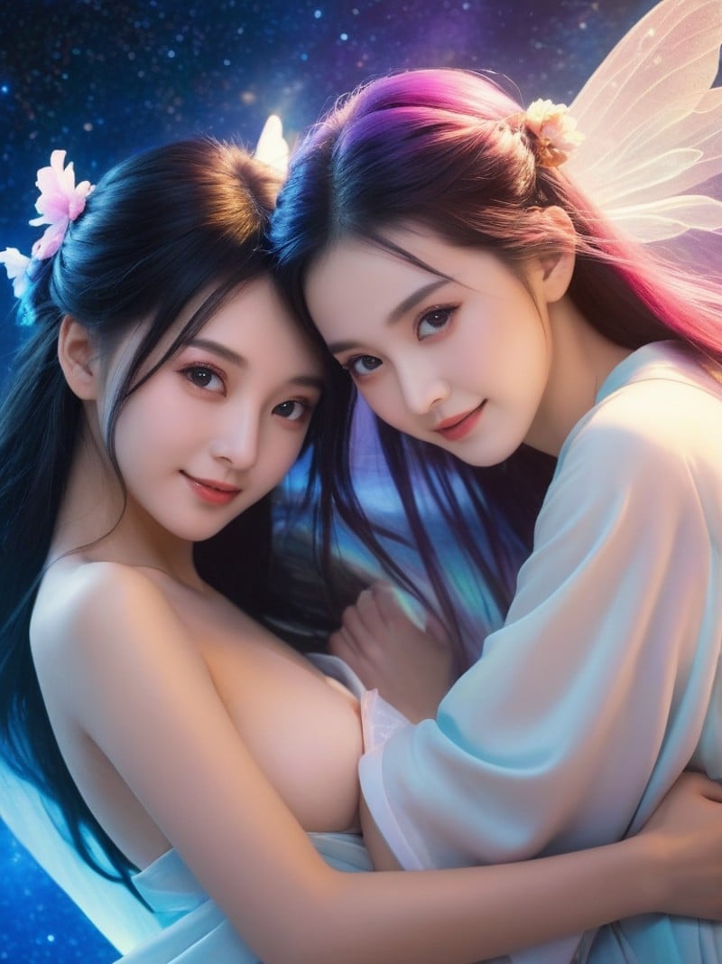 2girls,(18 y.o cure lovely naked fairy),Cinematic Lighting,(with a focus on her face),[slender face,short hair,narrow_waist,skinny],ancient china,hanfu,from_above,sex,floating and rainbow long hair,Iridescence and rainbow,beautiful detailed starry sky,hug,face close-up,smile,