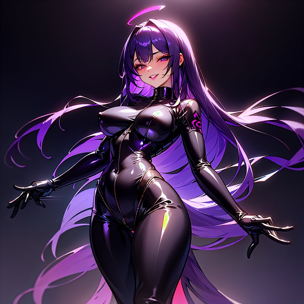 <lora:LateX:1> 1girl abs biker_clothes bikesuit black_bodysuit breasts eyeliner gradient_background grin hime_cut large_breasts latex latex_bodysuit long_hair looking_at_viewer makeup navel purple_eyes purple_hair red_lips shiny_clothes skin_tight smile solo unzipped 