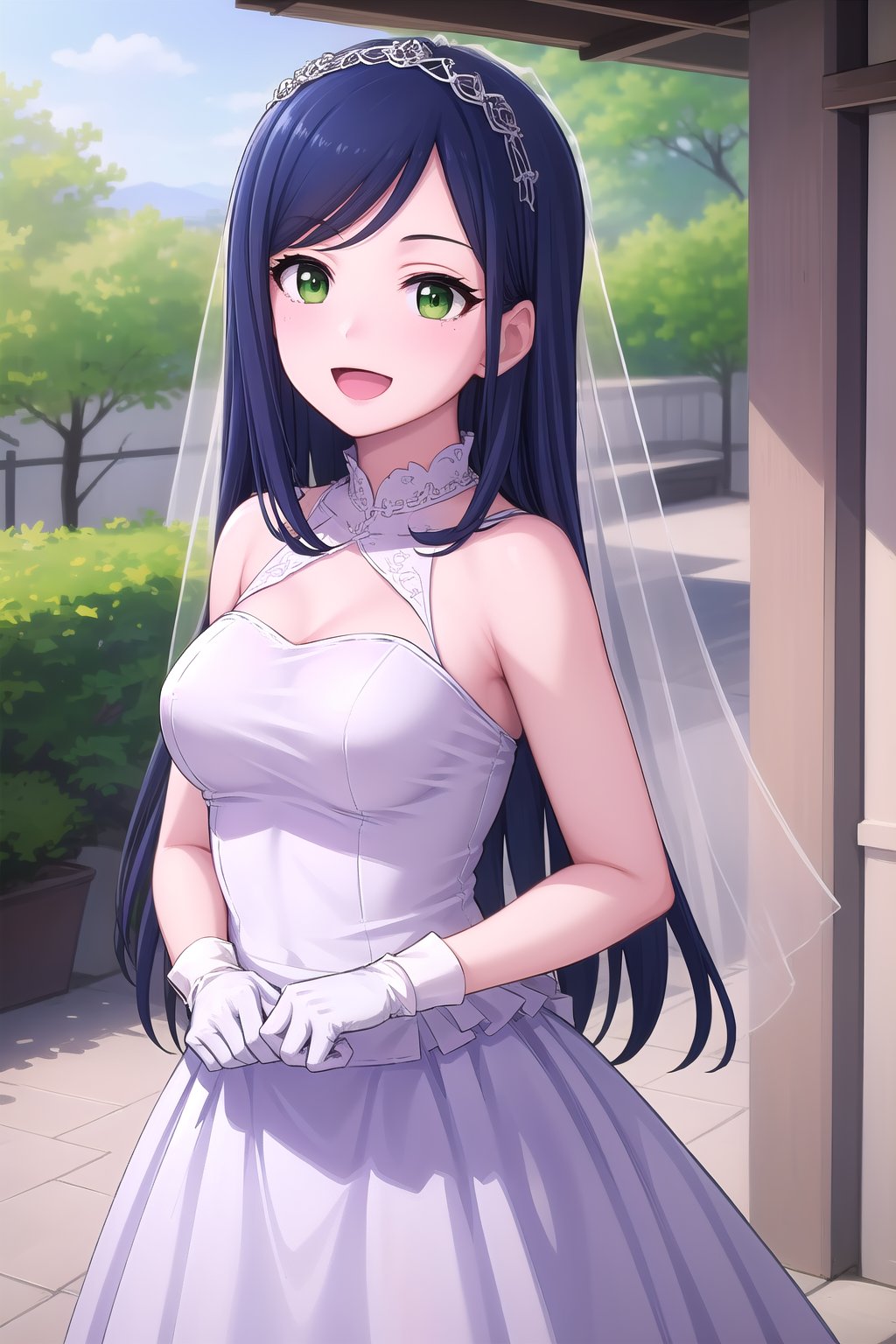 (masterpiece, best quality), highly detailed background, perfect lightingbest quality, juneyIMAS, solo, outdoors, nature, bridal veil, dark blue hair, swept bangs, parted bangs, long hair, green eyes, medium breasts, wedding dress, white dress, white gloves, frilled skirt, smile, open mouth, :d, <lora:Juney-IM@S-05:0.7>