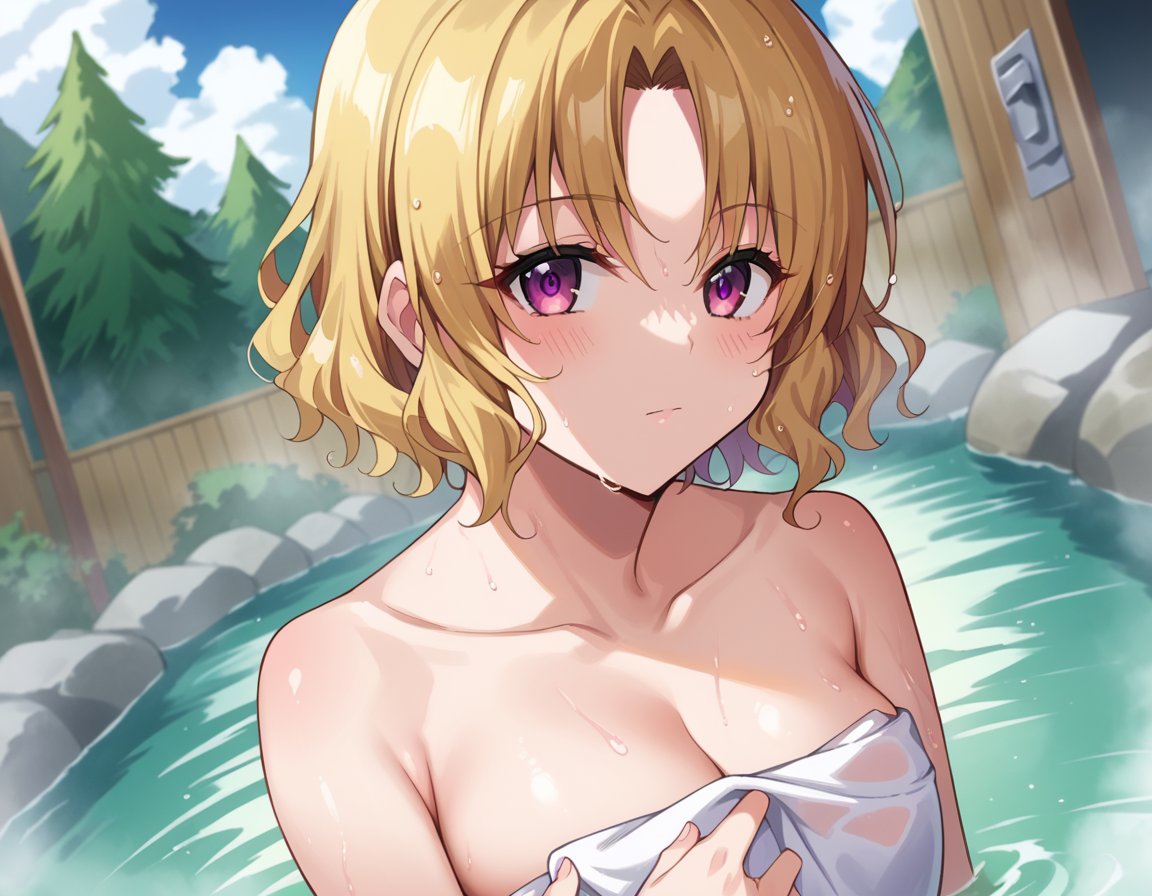 score_9, score_8_up, score_7_up, source_anime,risamomioka, <lora:risa-momioka-darkness-ponyxl-lora-nochekaiser:1>,risa momioka, short hair, blonde hair, wavy hair, parted bangs, purple eyes,nude, naked, outdoors, onsen, towel, naked towel, steam, bathing, nude cover, partially submerged, water, bath, steam censor, wet towel,looking at viewer, cowboy shot, dutch angle,