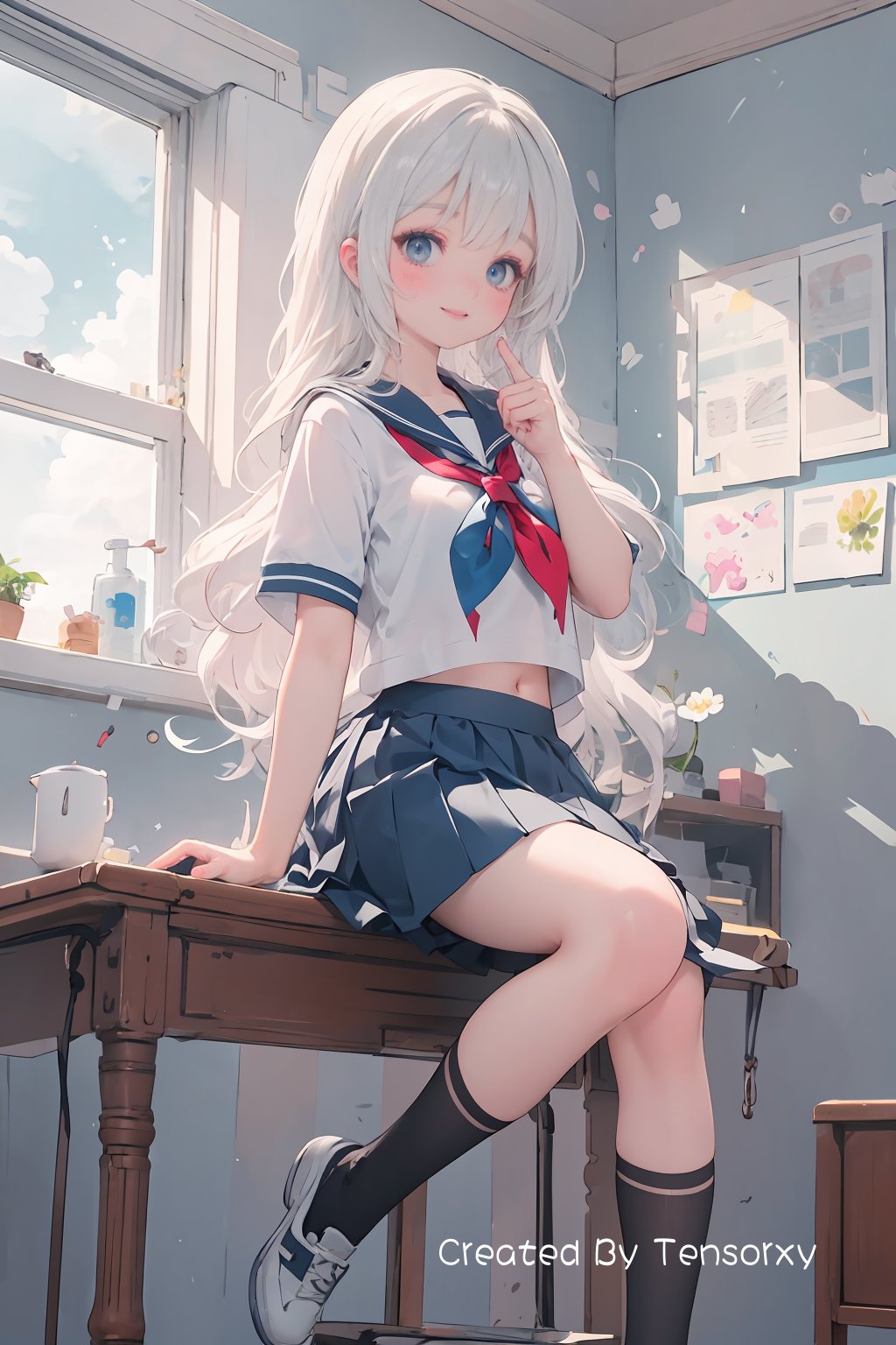 finely detail,Depth of field,(((masterpiece))),((extremely detailed CG unity 8k wallpaper)),best quality,high resolution illustration,Amazing,highres,intricate detail,best illumination,best shadow,1girl,solo,white pantyhose,curtains,curtain grab,long hair,school uniform,skirt,window,serafuku,looking at viewer,smile,blue eyes,pleated skirt,blush,sitting,short sleeves,white shirt,shirt,indoors,sailor collar,socks,blue skirt,midriff peek,bangs,kneehighs,index finger raised,black socks,finger to mouth,