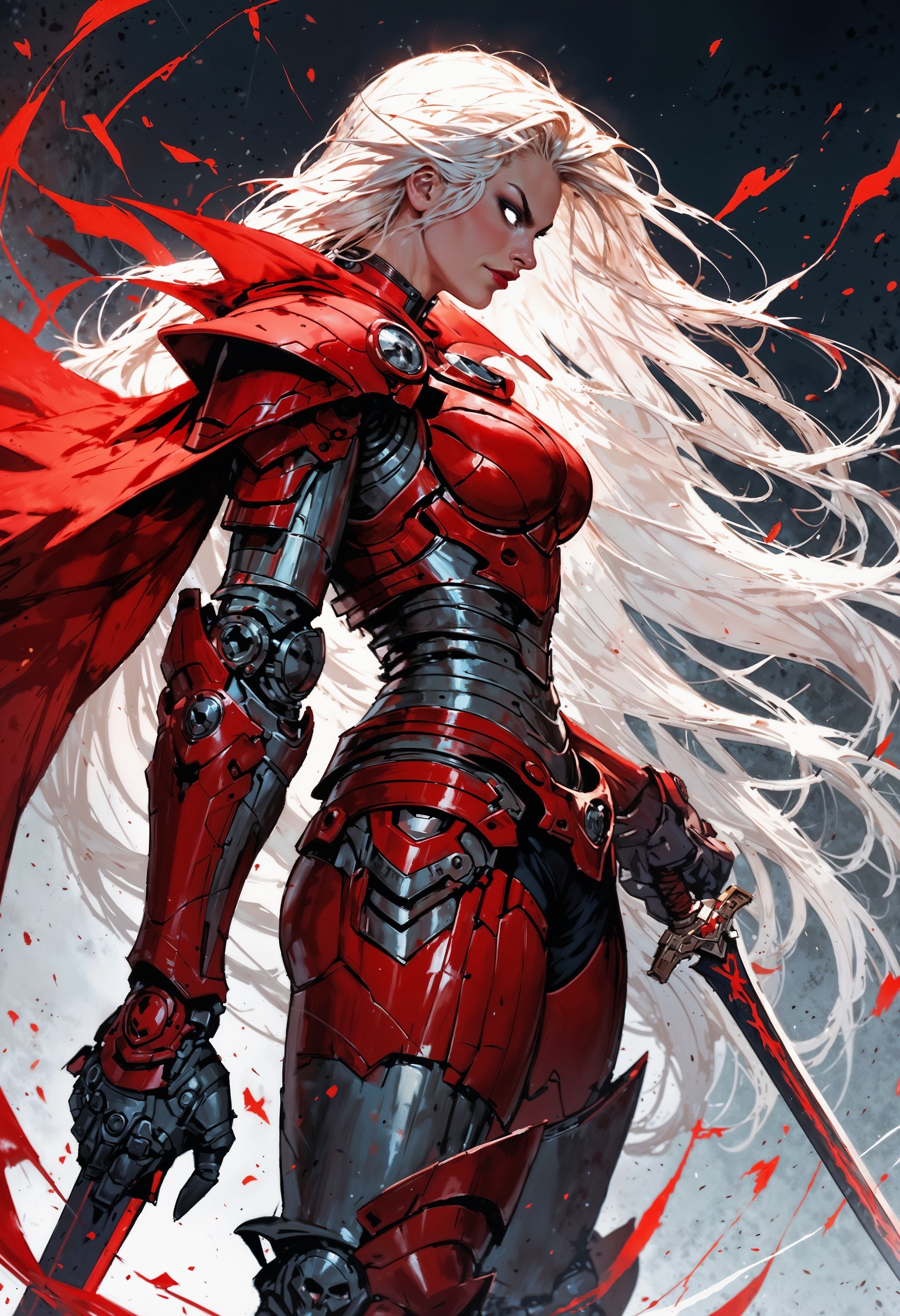 (score_9, score_8_up:1.1), score_7_up, MythAn1m3, 1girl, sexy, white eyes, no pupils, red lips, white hair, very long hair, small tits, (thick thighs), evil, power armor, mechanical armor, long red cape, holding a large oversized sword, side view, dungeons and dragons, goddess, (sword planted, hands on hilt), dynamic angle, LadyDeath <lora:MythAnim3Style:0.8>