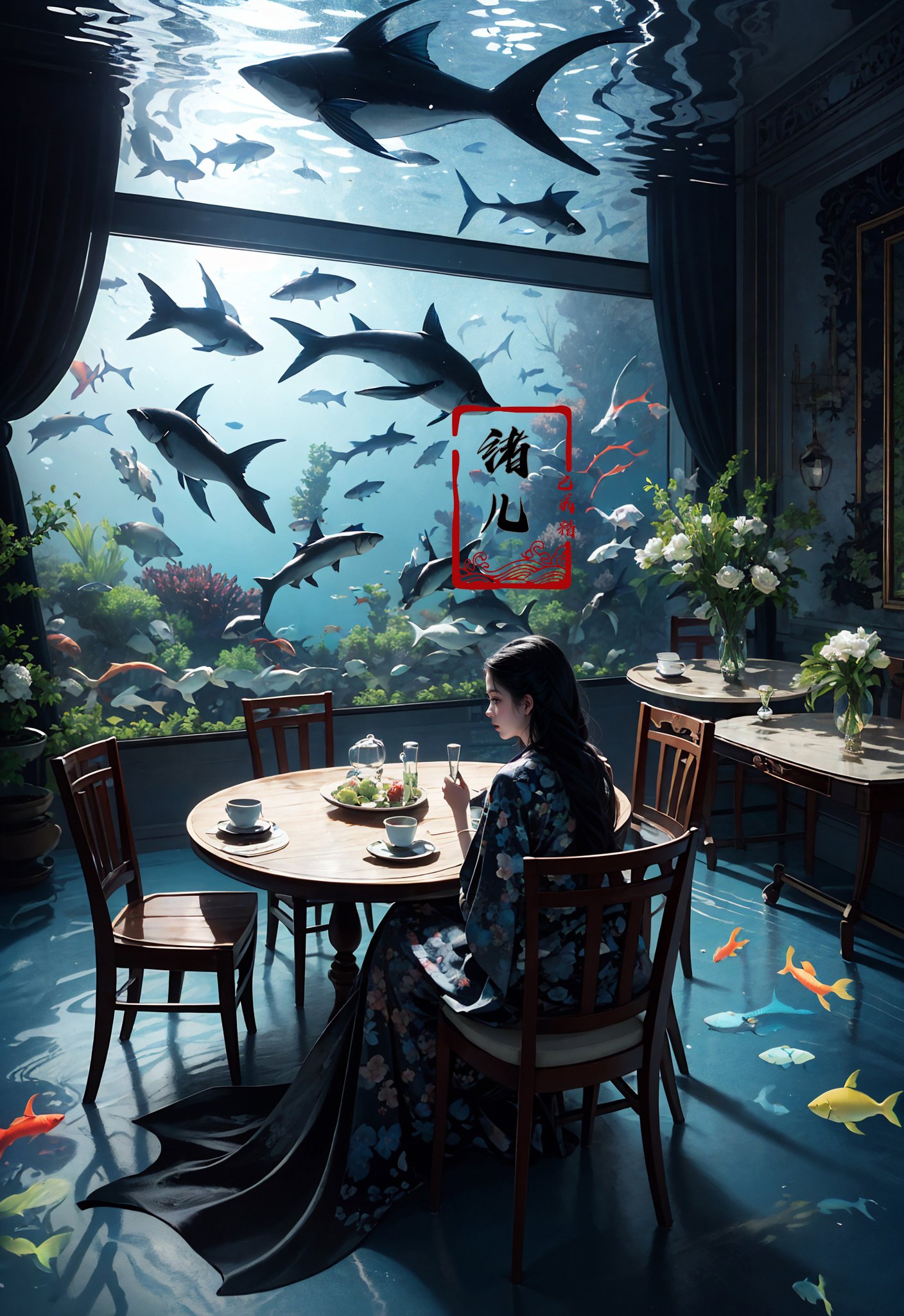 1girl, fish, chair, table, solo, sitting, black hair, scenery, lantern, teapot, flower, cup, teacup, long hair, floral print, from behind, indoors, lamp, dark, underwater，<lora:绪儿-海底世界 Underwater world:0.8>