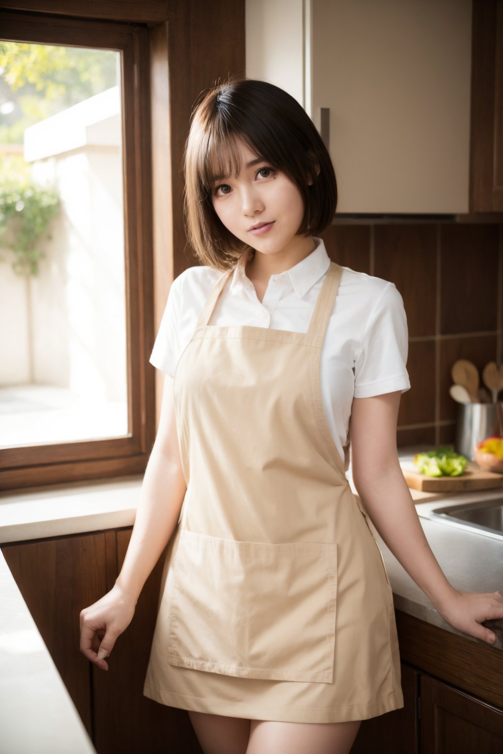 <lora:aiManjaKK-08:0.9>, woman, short hair, uniform, apron, kitchen, bokeh