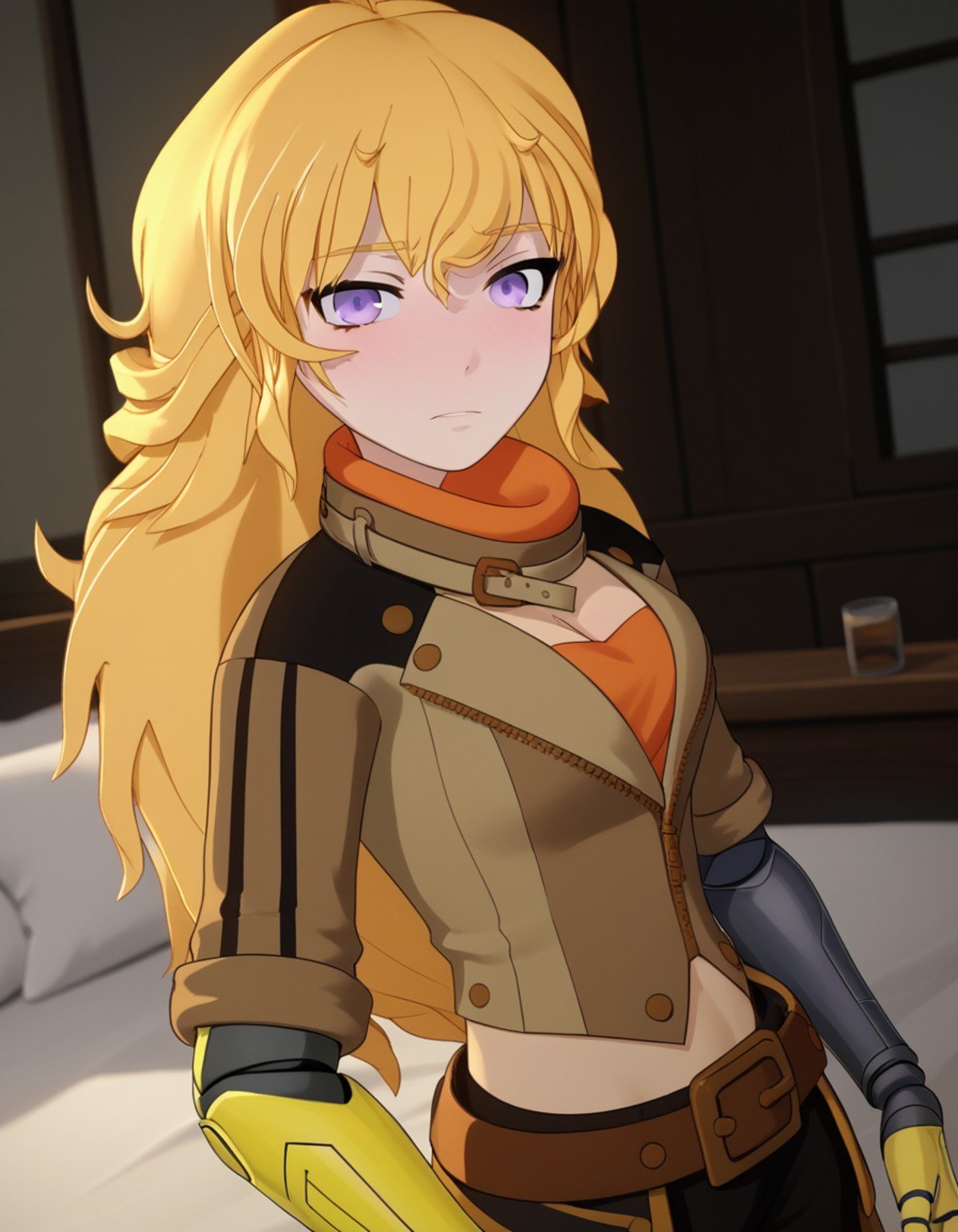 score_9, score_8_up, score_7_up, source_anime, <lora:yang-xiao-long-ponyxl-lora-nochekaiser:1>, yang xiao long, long hair, blonde hair, purple eyes, ahoge, bangs,, cleavage, jacket, belt, mechanical arms, single mechanical arm, prosthesis, prosthetic arm,, indoors, bed, bed room, on side, blush, drunk, looking at viewer, solo, cowboy shot, dutch angle