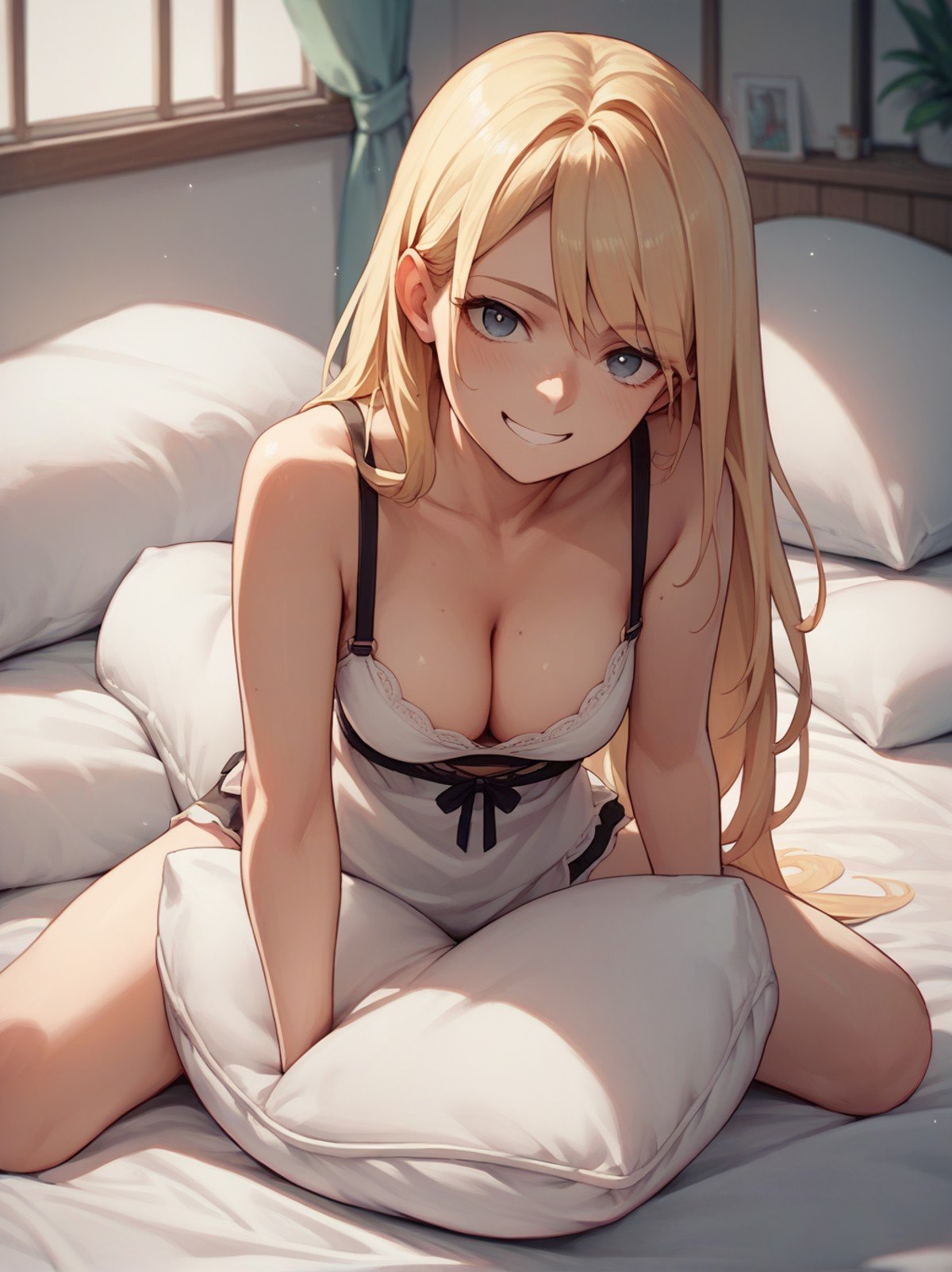 score_9, score_8_up, score_7_up, score_6_up, source_anime, <lora:pillow_sex_v0.1-pony:1>1girl, long hair, blonde hair, pillow humping, pov, looking at viewer, smile, cleavage, 