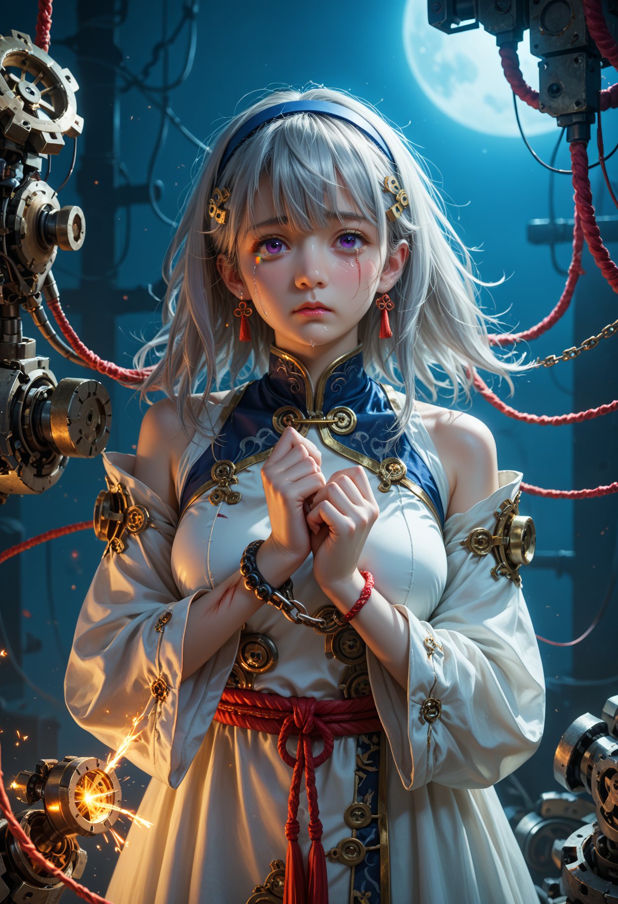 1girl,solo,looking at viewer,medium hair,bangs,hairband,purple eyes,hair ornament,hair between eyes,white hair,fluffy hair,large_breasts,blush shy,shiny_skin,very detailed clothes,very realistic textures,very detailed textures,longeyelashes,brown eye shadow,night,dim light,cyberpunk,mechanical arm,sci-fi style clothes,hair_tucking,metal material,realistic metallic texture,hands,raise your hand,Injuries,scratches,gears,links,chains,wires,sparks,electric sparks,crying,tears,1girl,large_breasts,Gray hair,air bangs,very long hair,thick hair,fluffy hair,Chinese clothing,very long dresses,hair accessories,hairpins,loose sleeves,long sleeves,bracelets,earrings,Hanfu,fine costumes,fine textures,girl standing beside the peach tree in a daze,flapping her hair,light yarn,translucent,, score_9,score_8_up,score_7_up,masterpiece,best quality,8k,