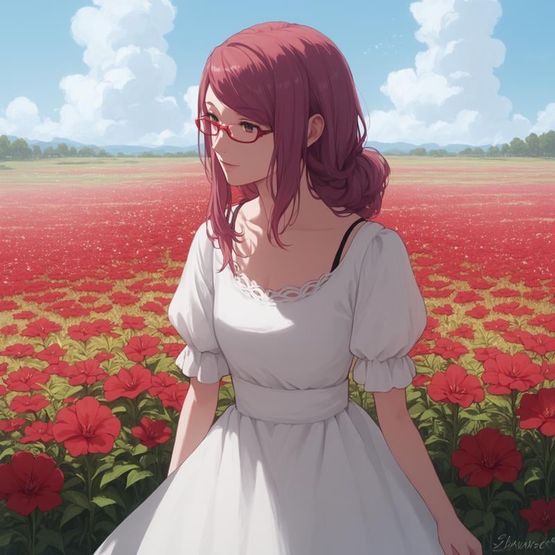 <lora:SlimesRize-000004:1>, score9_up, score8_up, score7_up, score6_up, slimes_rize, woman, solo, dress, red glasses, red flower field background