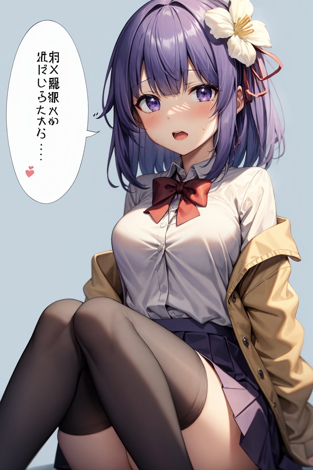 masterpiece, best quality, <lora:HiedanoAkyuu:1>,1girl, solo, purple hair, purple eyes, hieda no akyuu, flower, skirt, hair ornament, thighhighs, hair flower, shirt, white shirt, bowtie, black thighhighs, bow, blush, open mouth, collared shirt, bangs, jacket, looking at viewer, purple skirt, breasts, alternate costume, short hair, green bow, long sleeves, sitting, green bowtie, pleated skirt, speech bubble, feet out of frame, sweatdrop, medium breasts, white flower, off shoulder, open clothes, school uniform, blue jacket, simple background, blue background, white background, blunt bangs, medium hair, blazer, open jacket, sweat, two-tone background, miniskirt, red bowtie, red bow, purple jacket