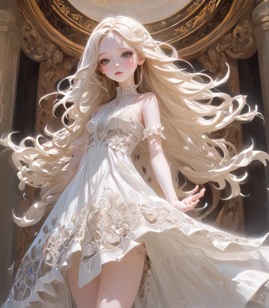 highres,best quality,anime delicate detailed concept art, young girl with [waving long hair] white skin, with dress ornate intricate, (bjd-like beauty face), (Ulzzang Makeup), wide angle, craig mullins, yoji shinkawa, art germ, pete morbacher, david lynch, hyper detailed, high detail, artstation