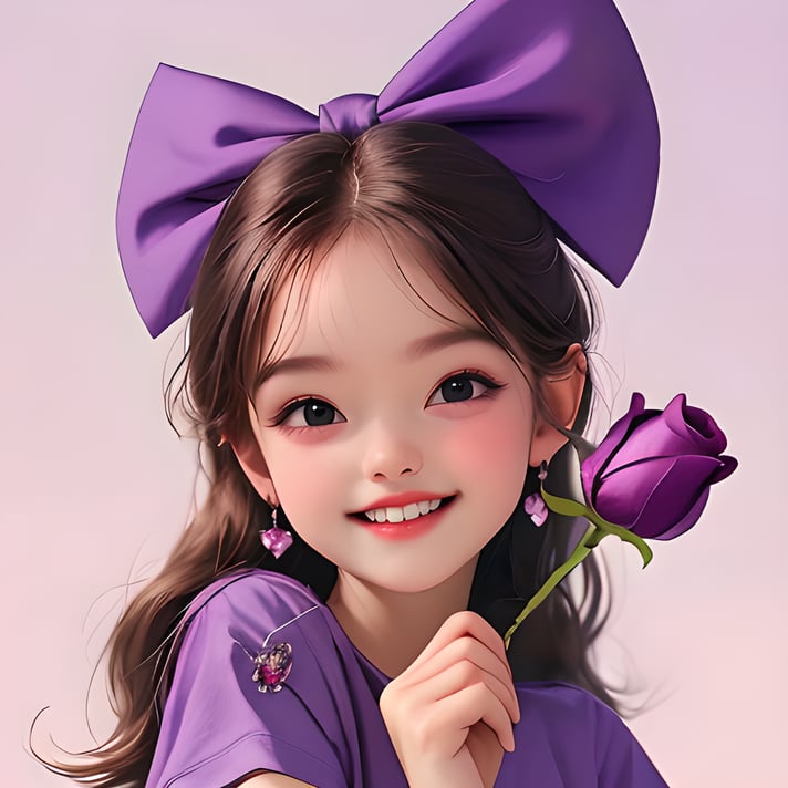 A girl,lovely,purple bow,purple T-shirt,holding a rose in her hand,sweet smile,wink,close one eye,lovely <lora:20240519-1716124455960:0.7>