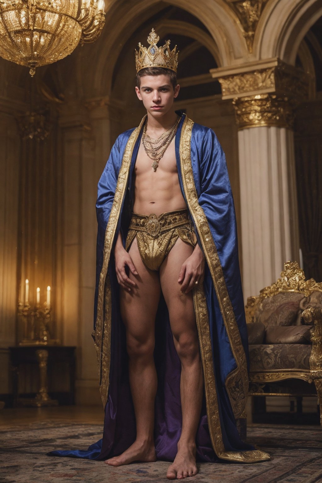 (1boy), SecretLab, Crowned "The Architect of Knowledge", Art Photography, cinematic lighting, Depth of field 100mm, dramatic, photorealism, cinestill, cute twink, 18yo, crown, full body shot, skinny fit, royal clothing, royal robe, royal staff, ornate, cute butt, full body shot, open shirt, exposed chest