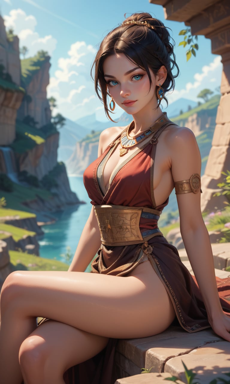 score_9, score_8_up, score_7_up, attractive female Adventurer, her hair billowing in the wind, studies an ancient map while sitting on rocks and enjoying the stunning view, seductive, innocent, (depth of field), (fine textures details)