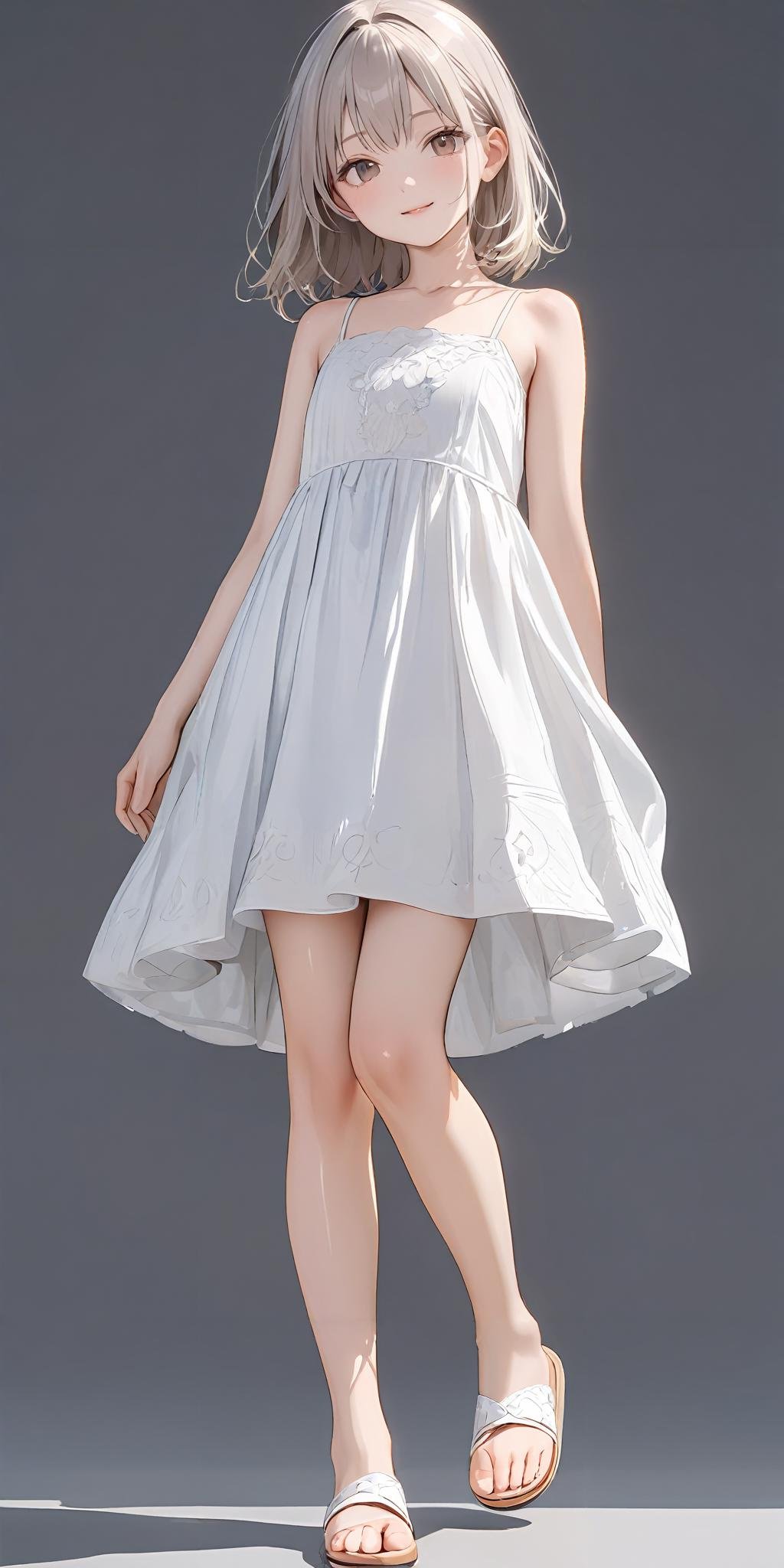 masterpiece,ultra-detailed,best quality,8K,illustration,cute face,clean skin ,shiny hair,girl,simple background <lora:add-detail-xl:1>   <lora:camisole dress_XL_V1.0:0.8>jyoji fuku, dress,bare shoulders,sandals