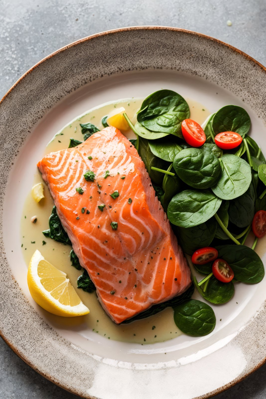 100mm raw camera, f/2.8, professional food photo of salmon steak, spinach, lemon, steam, superrealistic, soft light, exposure blend, medium shot, (muted colors, dim colors, soothing tones:1.3)