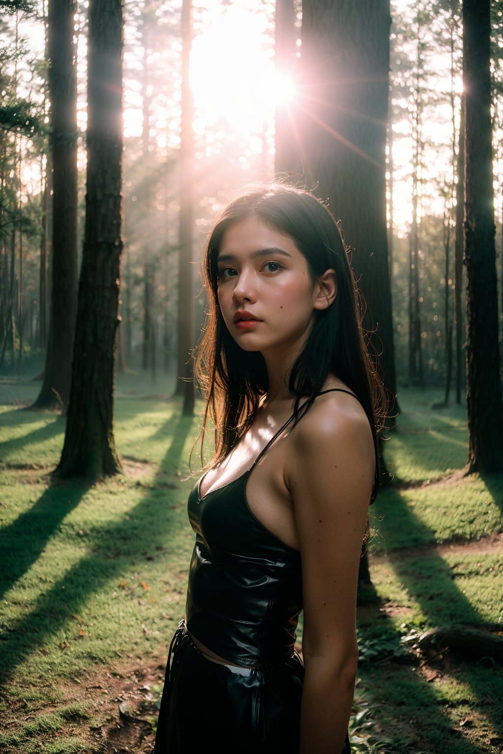 cute woman,  splash detailed,  surreal dramatic lighting shadow (lofi,  analog),  kodak film by Brandon Woelfel Ryan McGinley,  moment eyes,  beautiful face,  sexy girl,  mid body,  sunset light,  sexy outfit,  forests