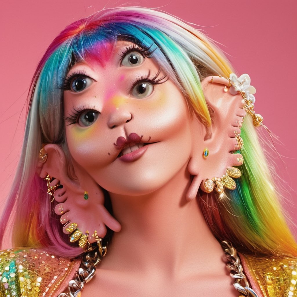 A vibrant close-up of a woman with mesmerizing rainbow-hued hair cascading down her back, adorned with sparkling golden earrings that catch the light. She's dressed in a bold pink outfit, the bright color radiating from her figure as she confidently poses against a neutral background, her features illuminated by soft, warm lighting.<lora:EMS-374203-EMS:1.100000>