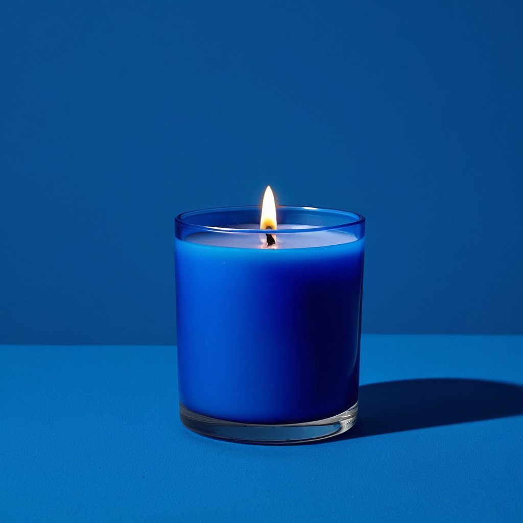 a scented candle on a bold monochrome cobalt blue background,  color-drenched blue-on-blue styling,  soft even studio ligh...
