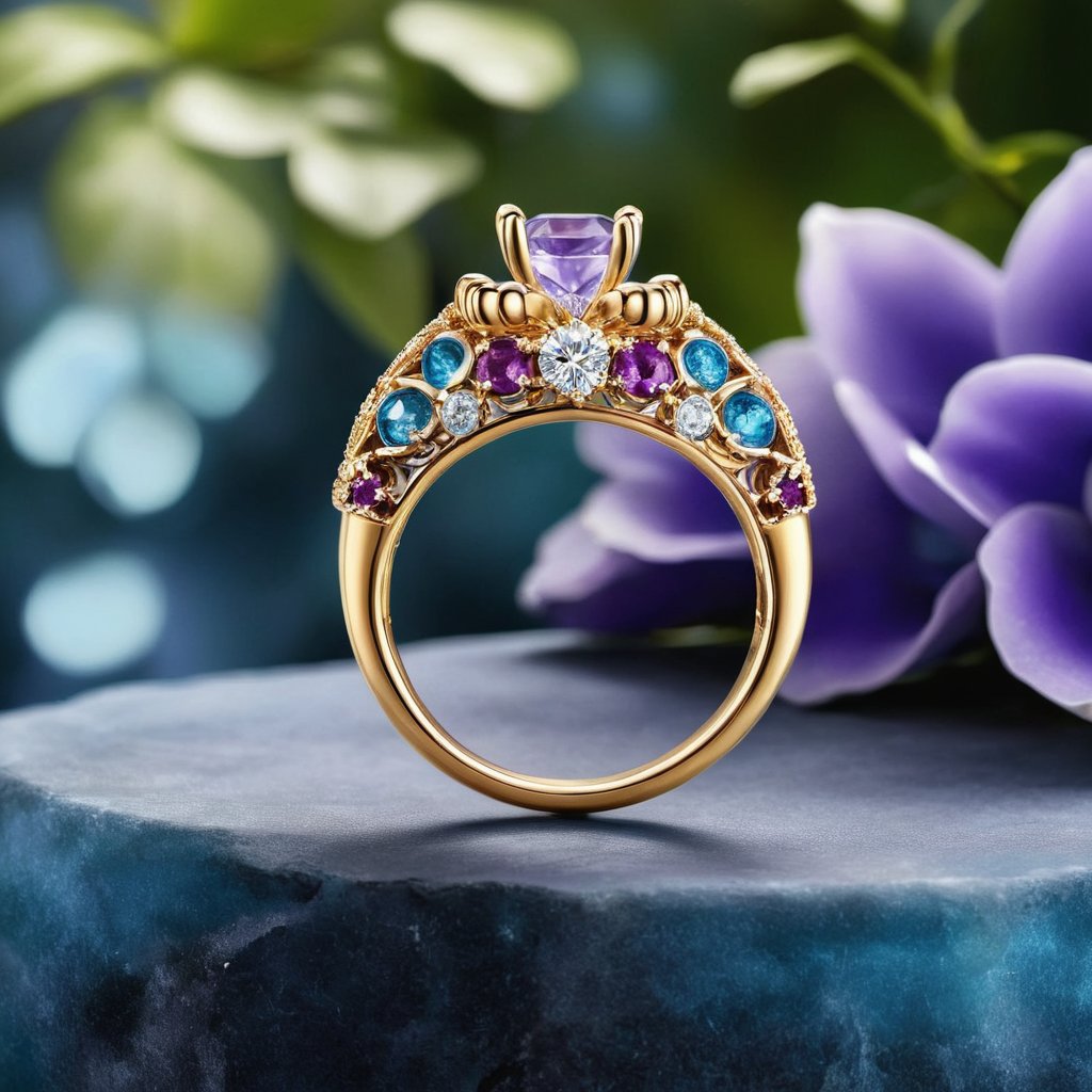 A diamond ring for women on a diamond luxury background, in a Victorian style with hand-painted effect. The ring is shaped with the main stone is set with purple colored gemstones, the butterfly wings are partially enameled with hollow windows,and the colors are a dreamy blue and purple gradient,MaskGO24K<lora:EMS-88628-EMS:0.500000>, <lora:EMS-321264-EMS:0.700000>