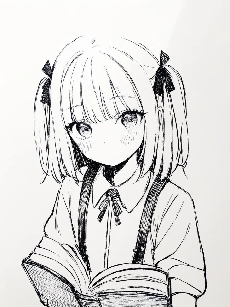 1girl,    inkstyle, monochrome, greyscale, silhouette, greyscale, (white background:1.2), loli, flat chest, hair ribbon, looking up, expressionless, two side up, :|, eyelashes, open book, closed mouth, shirt, collared shirt, suspenders, sidelocks, straight hair, book, ribbon, portrait, holding, simple background, holding book, blush, sketch, medium hair, blunt bangs, wing collar, masterpiece, newest, absurdres, safe <lora:inkstyle:1>