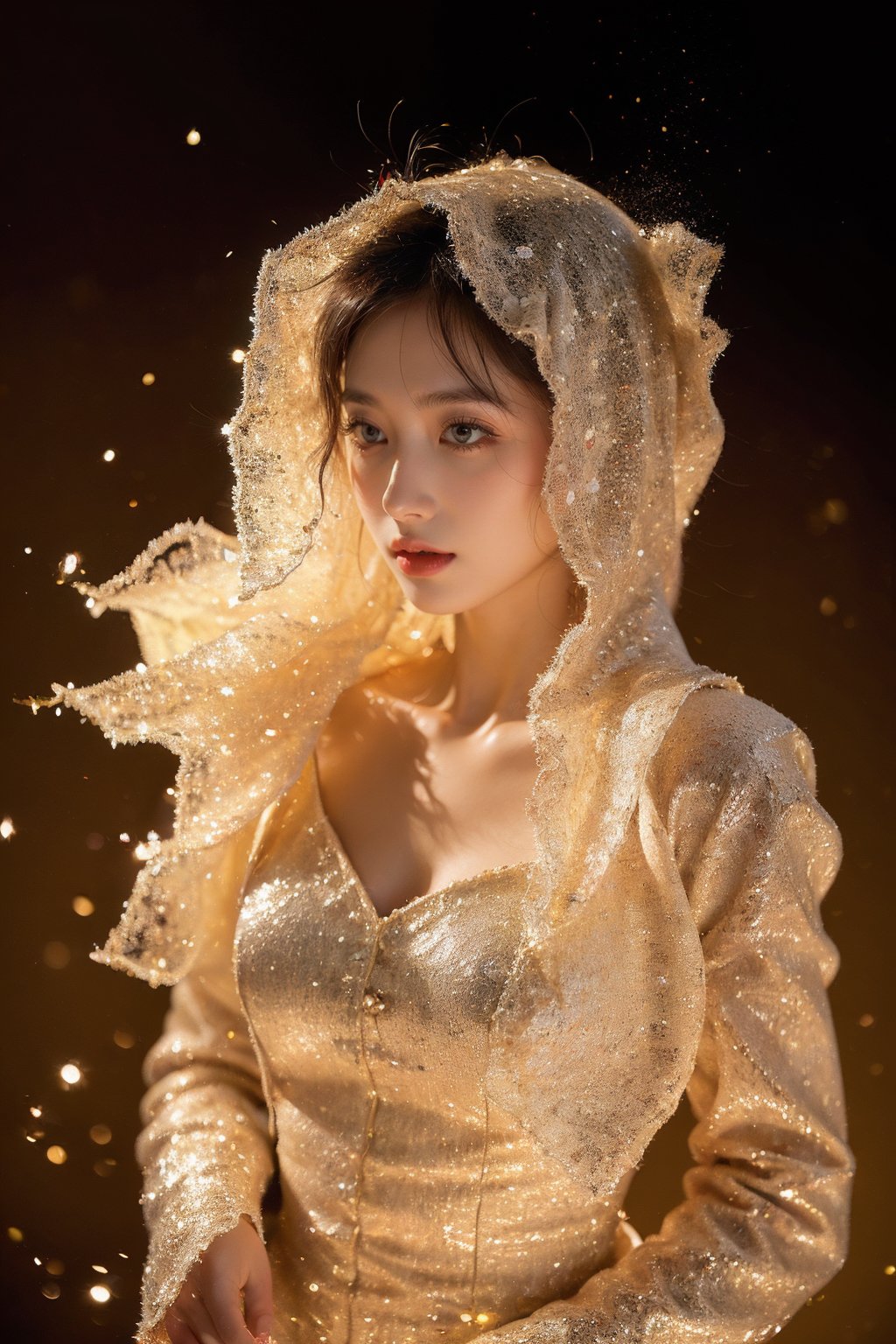 1girl,exquisite eyes,stars in the eyes,There are many scattered luminous petals,standing,elegant posture,(an extremely delicate and beautiful),contour deepening,white_background,gold powder,cinematic angle,<lora:jin_20231226224140-000011:0.7>,