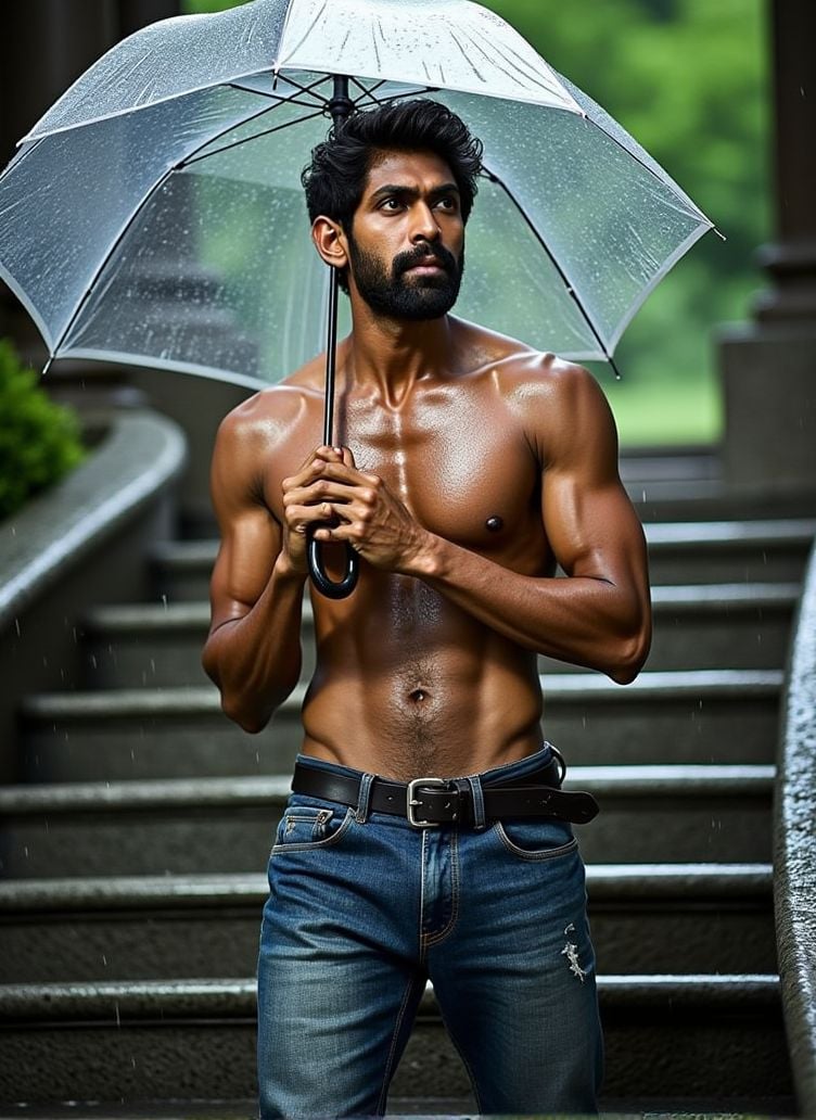 rana daggubati ,  stands on a large stone staircase,  the rainwater cascading on the steps. He holds a transparent umbrell...