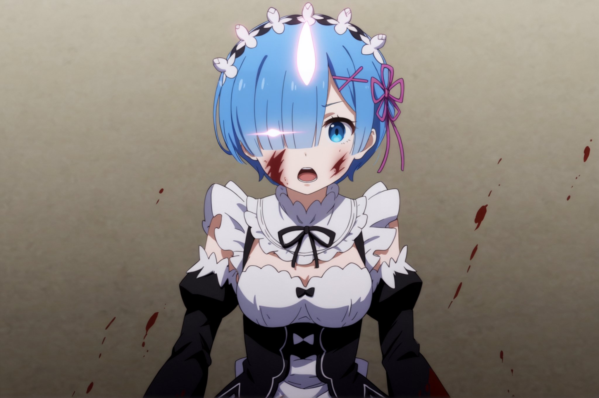 rating_all, score_10, score_8_up, score_7_up,  Rem, Shutara Senjumaru, extra_arms, 1girl, solo, looking at viewer, open mouth, short hair, blue eyes, hair ornament, ribbon, blue hair, horns, hair over one eye, maid, blood, glowing, x hair ornament, single horn, blood on face, glowing eye, roswaal mansion maid uniform, glowing horns <lora:Rem:0.7>