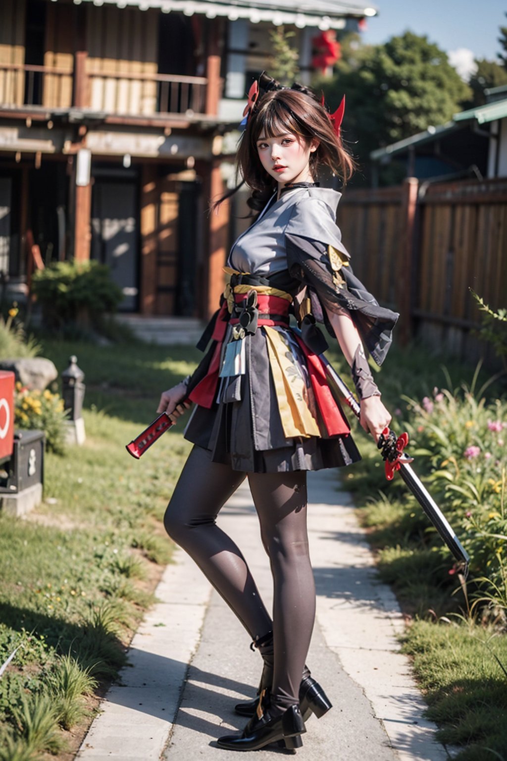 masterpiece,best quality,realistic,film grain,1girl, chiori \(genshin impact\), solo, looking at viewer, gloves, weapon, holding, kimono, pantyhose, sash, multicolored hair, katana, standing, hair flower, holding weapon, full body, black gloves, black footwear, black pantyhose, brown hair