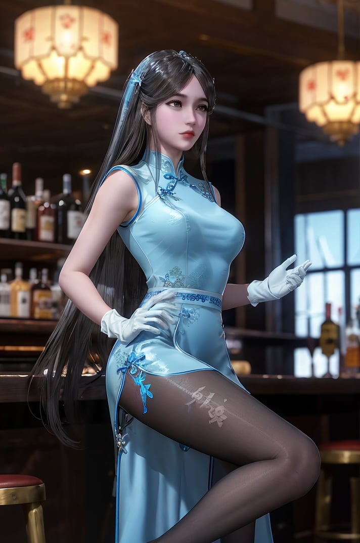 best quality,masterpiece,1girl,white transparent skirt,hair_ornament,flowers,gloves,(transparent pantyhose:1.1),indoor,flowers,huge breasts,<lora:宁荣荣 (4):0.6>,the perfect hand,long black hair,bar,standing,(blue cheongsam:1.2),bar stool,