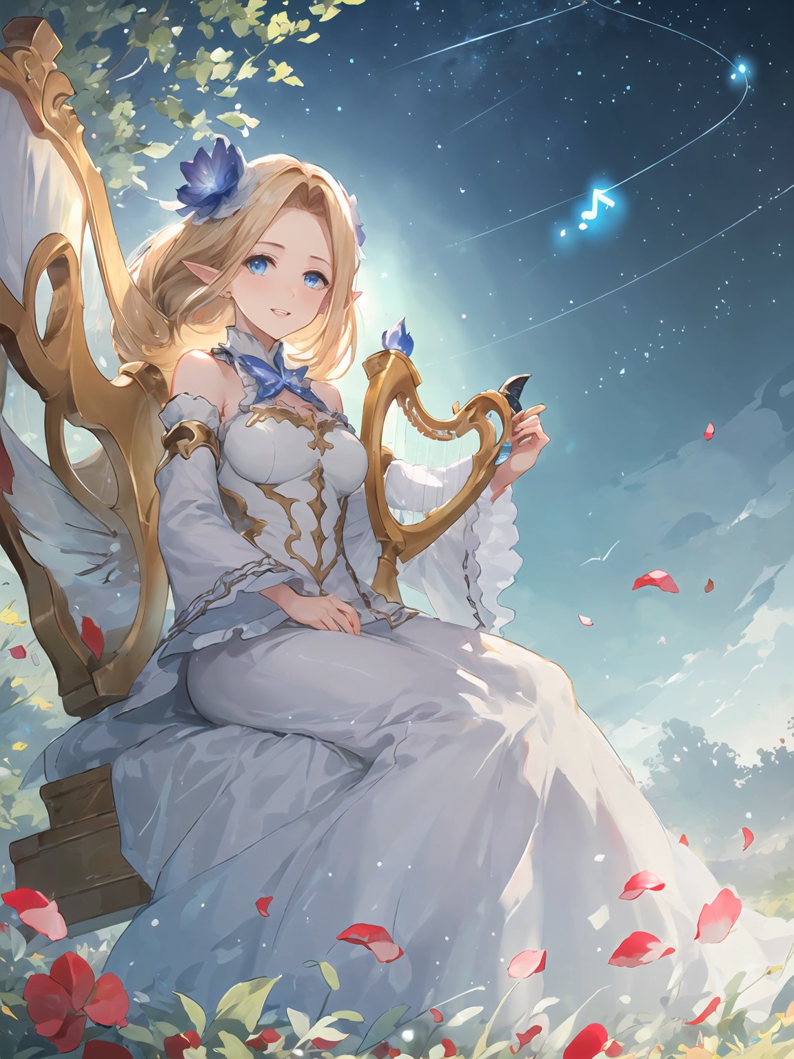 masterpiece,best quality,highres,cinematic lighting,dramatic angle,1girl,blonde hair,drill hair, white dress,parted bangs,cleavage,looking at viewer,pointy ears,blue eyes,bare shoulders,wings,frills,parted lips,petal,grass,smile,<lora:ShadowverseBrilliantFairyV1-000021:0.8:lbw=jiangshi3>,detached collar,hair flower,depth of field,detached sleeves,straight-on,head tilt,close-up,night,dark sky,(holding harp,playing instrument,playing harb,floating glowing musical note:1.3),sitting on chair,woods,starry sky,from below