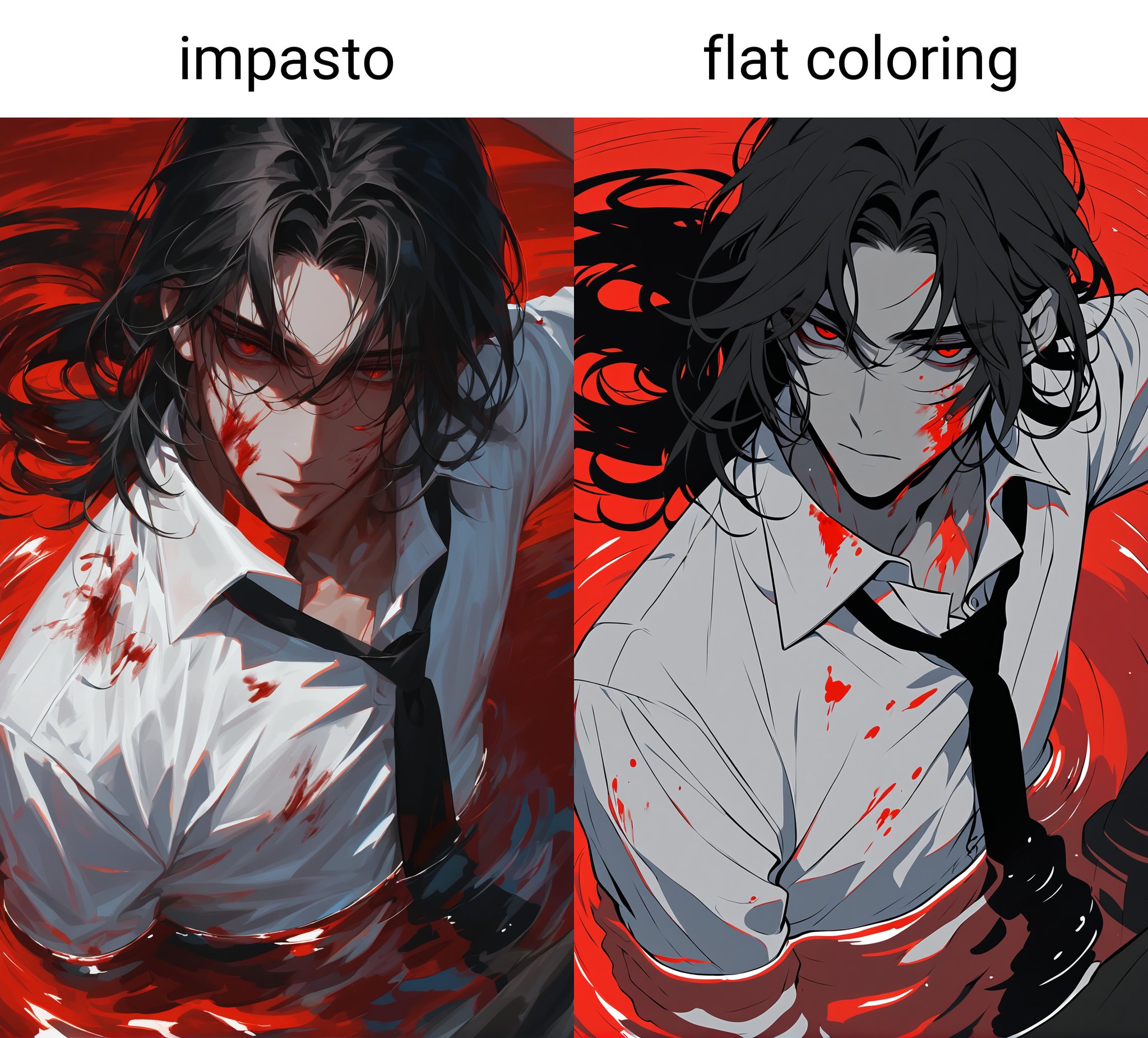 masterpiece,impasto,1boy,male focus,solo,blood,shirt,necktie,white shirt,black necktie,collared shirt,red eyes,blood on clothes,partially submerged,blood on face,upper body,black hair,closed mouth,medium hair,red theme,looking at viewer,long hair,water,