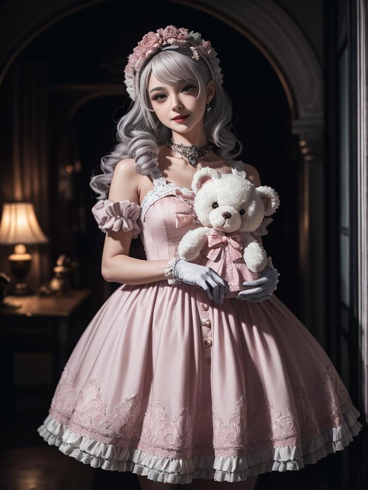 1girl, photo, masterpiece, sweetlolita at bedroomgothic gothic interior, silver curly hair, pink gown fabric, heart shape on cheek, blush pink makeup, gloves, smile, pastel color, ornate, broderry, holding stuffed teddy bear, bokeh,  <lora:ARWSweetLolita:1>  <lora:ARWBedroomGothic:0.4>