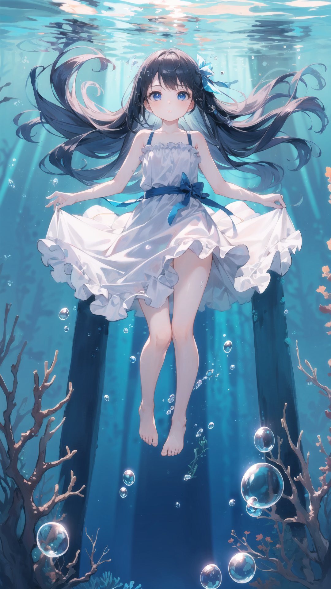 wide shot, (solo:1.3), dramatic angle, (underwater:1.2), masterpiece, best quality, intricate detail, 1girl, swimming, loli, (long hair:1.2), solo, expressionless, blue eyes, looking_up, shoulder strap dress, floating hair, floating clothes, god rays, bubble, barefoot, (full body:1.2), outstretched arm, , perfect hands,