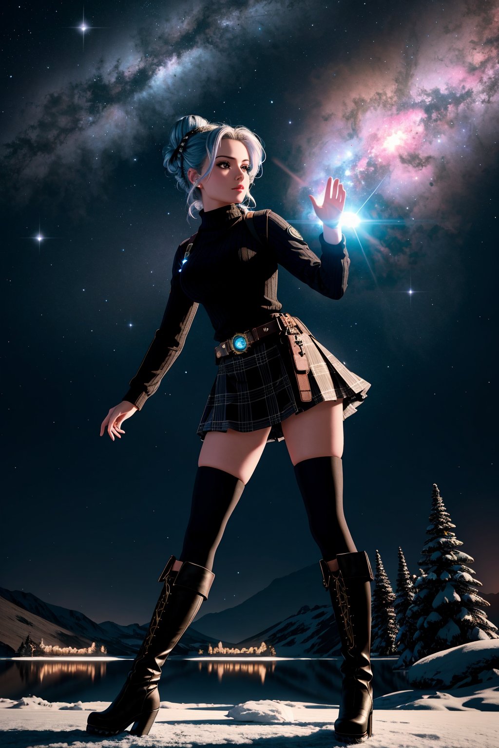 masterpiece of photorealism, photorealistic highly detailed professional 8k raw photography, best hyperrealistic quality, volumetric real-time lighting and shadows, front profile full body Photography, Steampunk Adventurer, Square: Bust, waist, and hips have similar measurements, creating a straight silhouette,  **Plaid Mini Skirt with a Knit Sweater and Knee-High Boots**, Galactic Nebula Space Bun Updo, Expressive Hand Gestures: Using hands to convey emotion and energy., Frozen Lakes full of busy people, Infrared Camera Night Vision